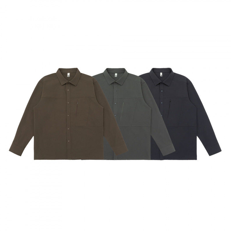 Unisex Boxy Shirt Jacket with Zipper Chest Pocket and Concealed Snap Placket Chichicherry