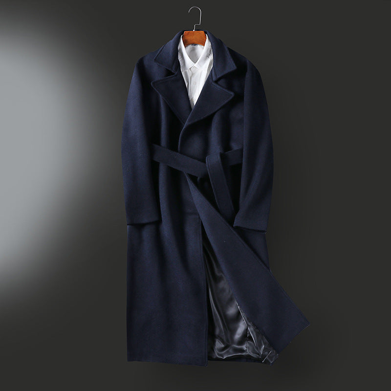 Men's Maxi-length tailored wool blend coat with wide shawl collar and belt Chichicherry