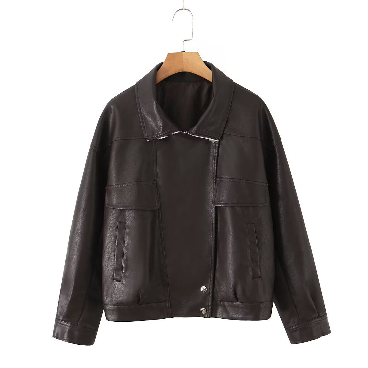 Women's Oversized Faux Leather Blouson Jacket with Asymmetric Zipper and Flap Pockets Chichicherry