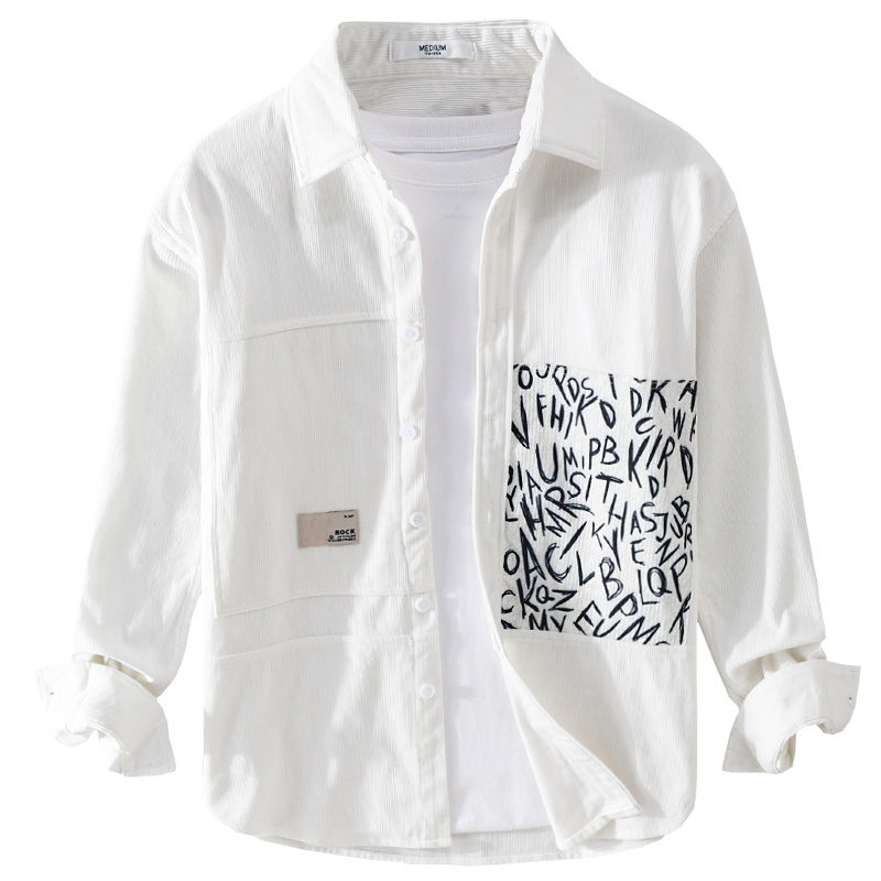 Men's Lightweight Cord Shirt Jacket Overshirt with Letter Print Chest Pocket and Relaxed Fit Chichicherry