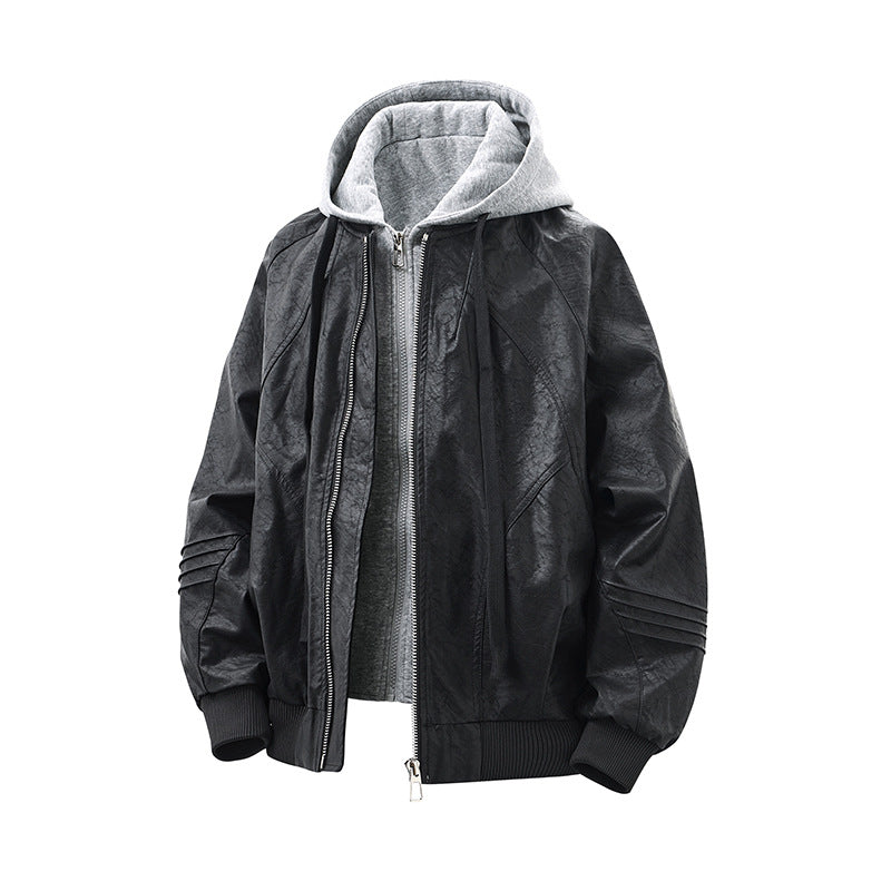 Unisex Wide Cut Faux Leather Bomber Jacket with Contrast Hood and Ribbed Cuffs Chichicherry