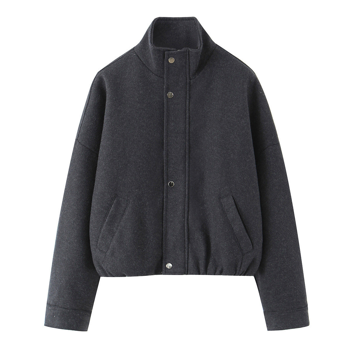 Women's short-cut wool blouson jacket with stand-up collar, snap button placket, and elastic hem Chichicherry