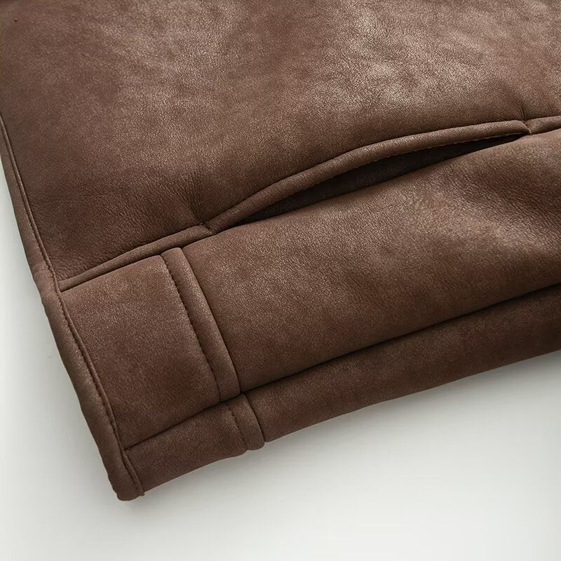 Women's Short Lambskin-Look Jacket with Stand-up Collar and Button Placket Chichicherry