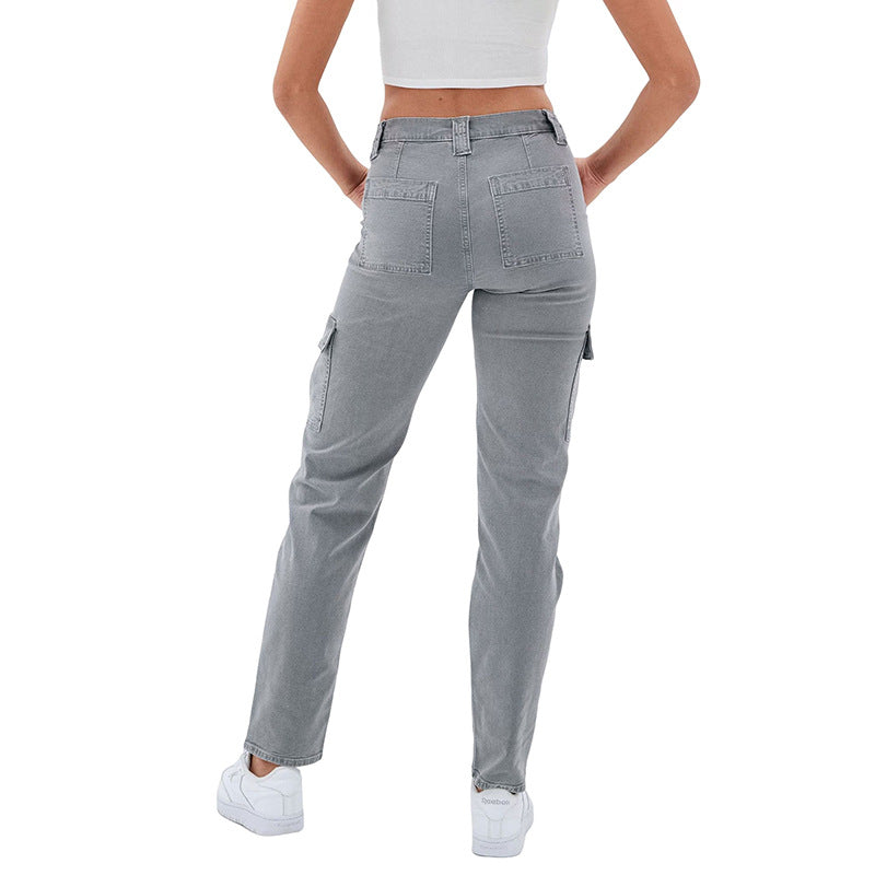 Women's High-Waisted Denim Cargo Pants with Straight Leg and Multiple Pockets Chichicherry