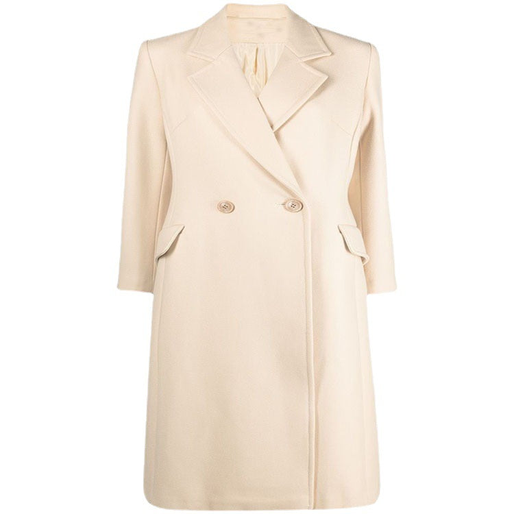 Women's Midi-Length Tailoring Coat Made of Wool Blend with Narrow Lapel and Flattering Fall Chichicherry