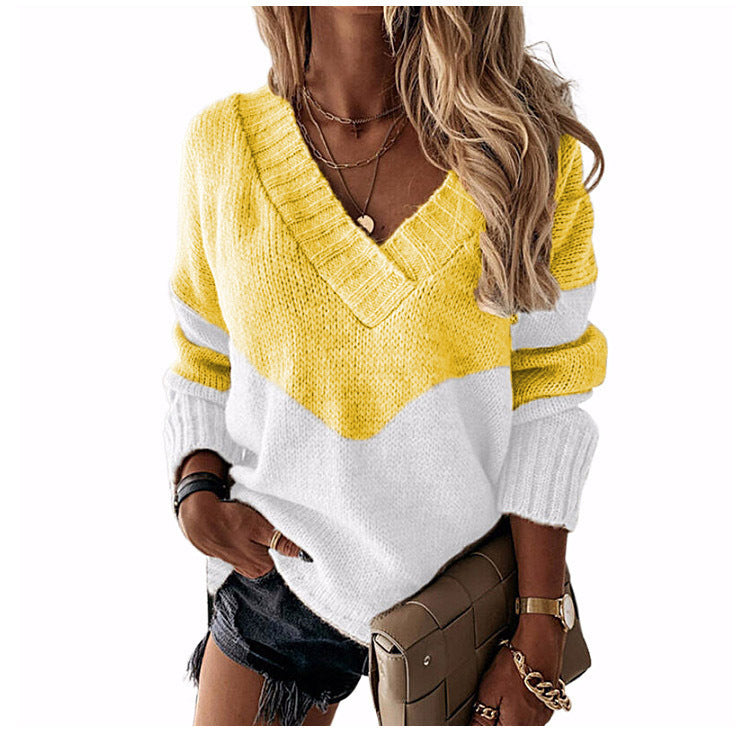 Women's V-neck knitted sweater with leopard print and color block design Chichicherry