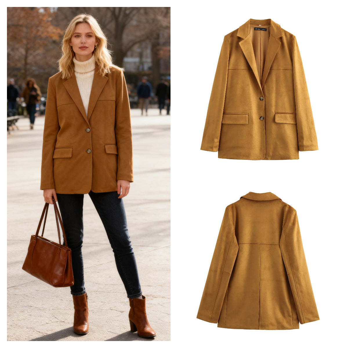 Women's Long Cut Suede Look Blazer with Notch Collar and Flap Pockets Chichicherry