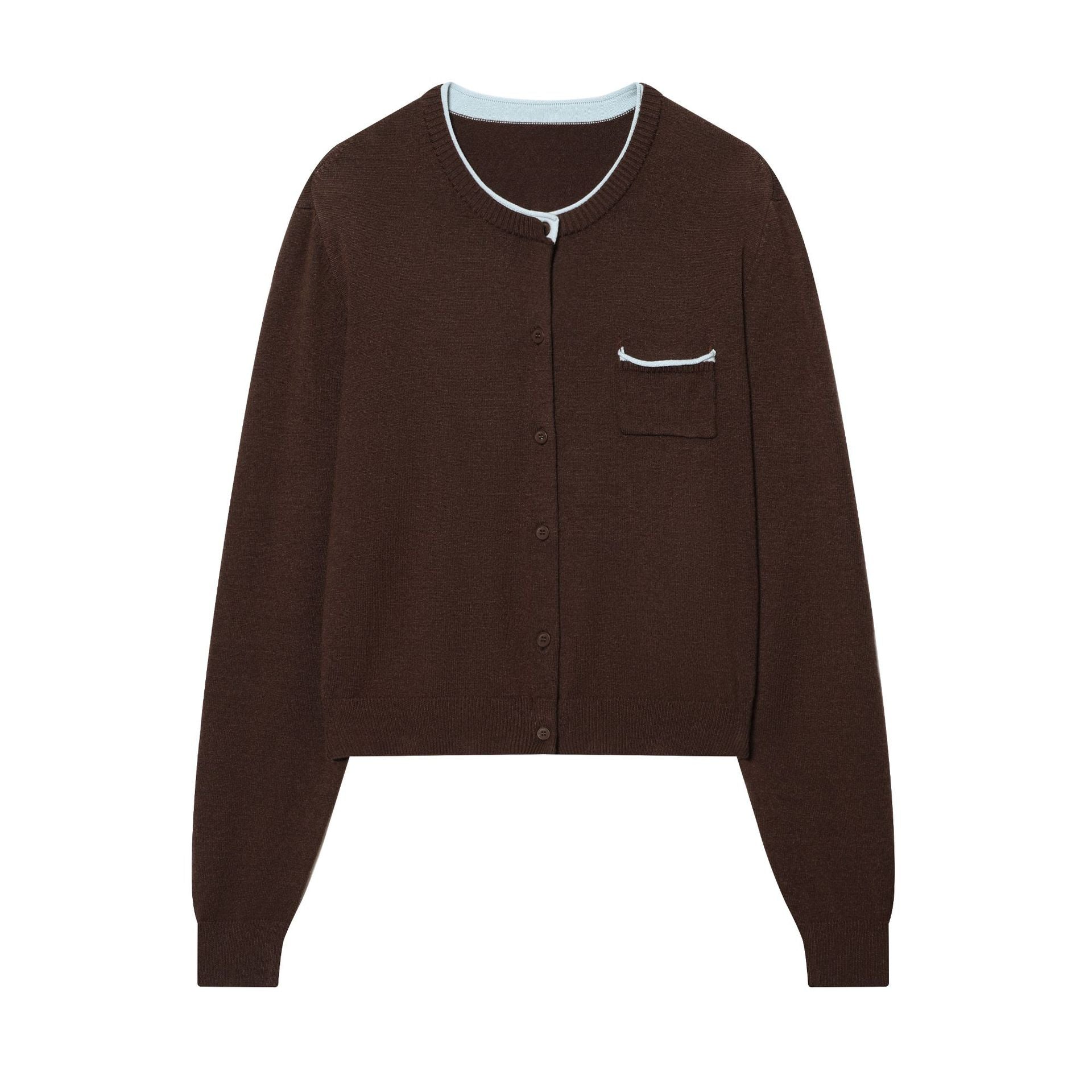 Women’s short-cut cardigan with contrast trim and patch pocket Chichicherry