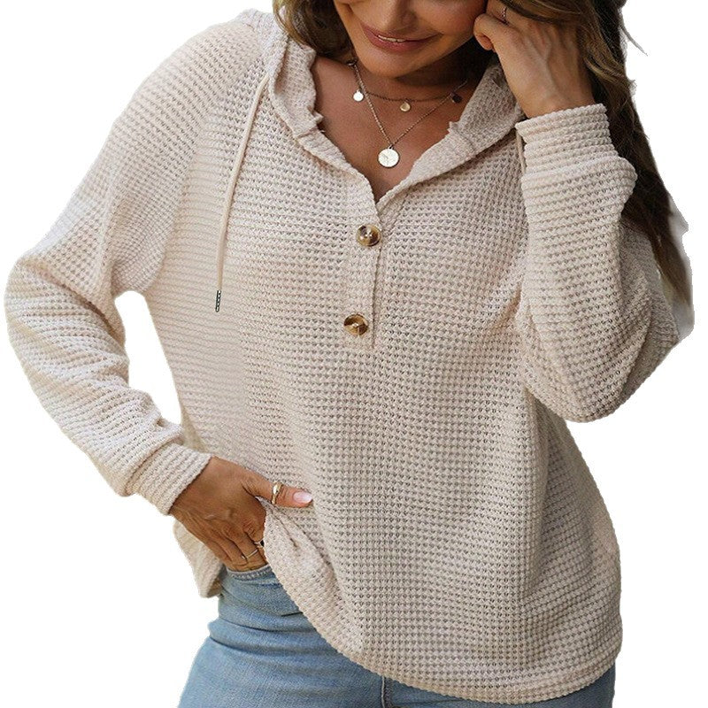 Women's Waffle Knit Hoodie with Half Button Placket and Hood Chichicherry