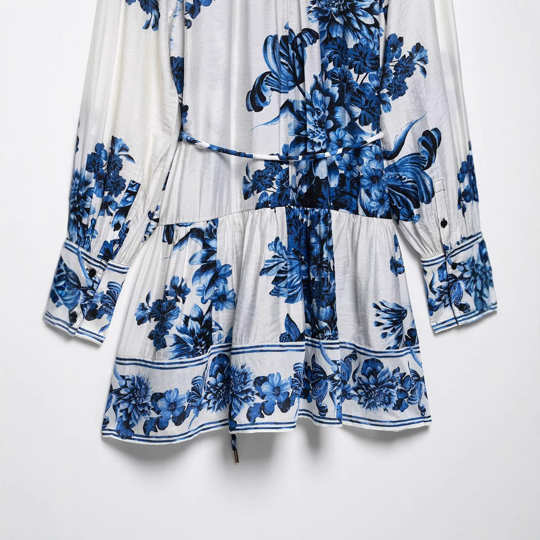 Women's midi dress with stand-up collar, full button placket and waist drawstring Chichicherry