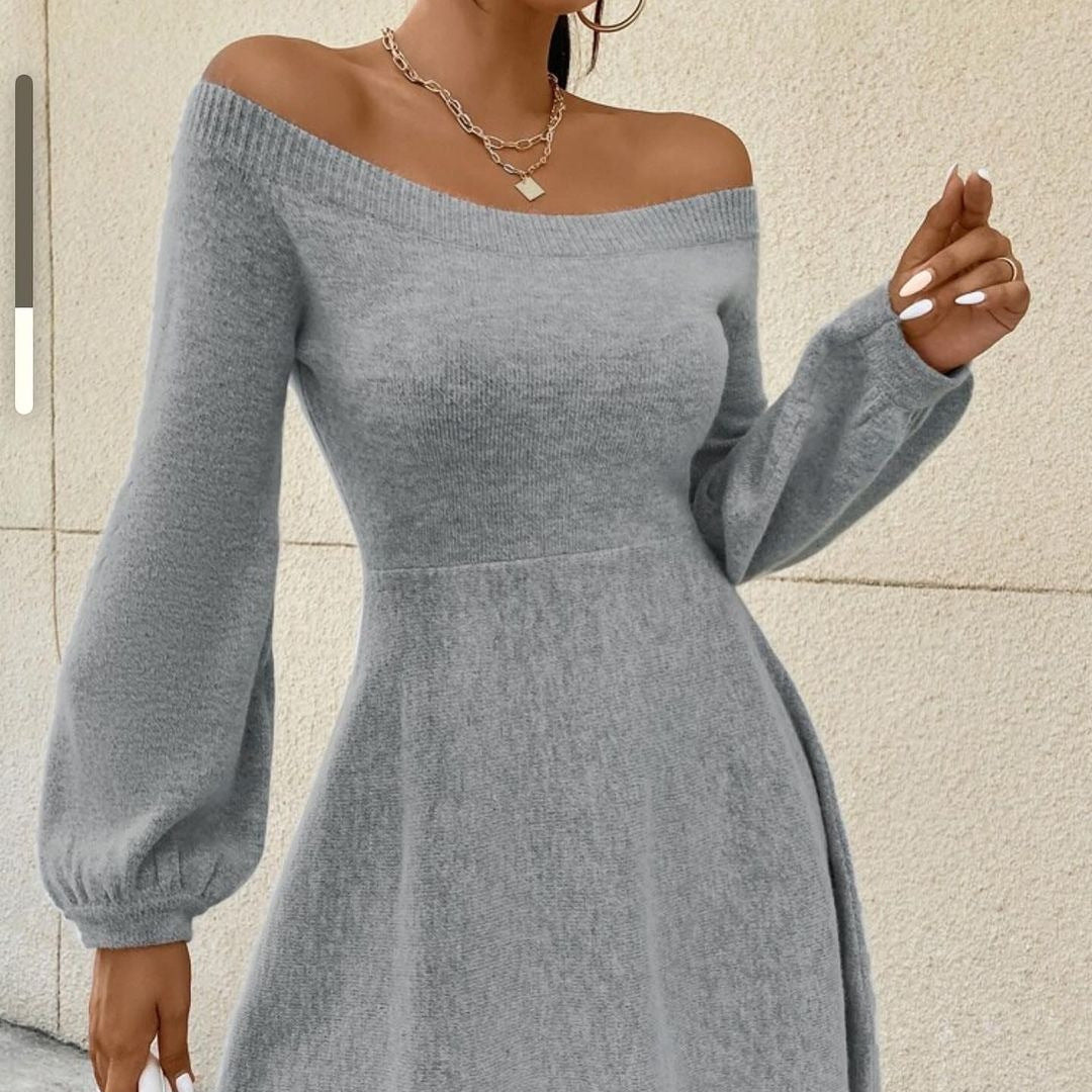 Damen Schulterfreies Feinstrick-Kleid mit taillierter Passform und Ballonärmeln Chichicherry
