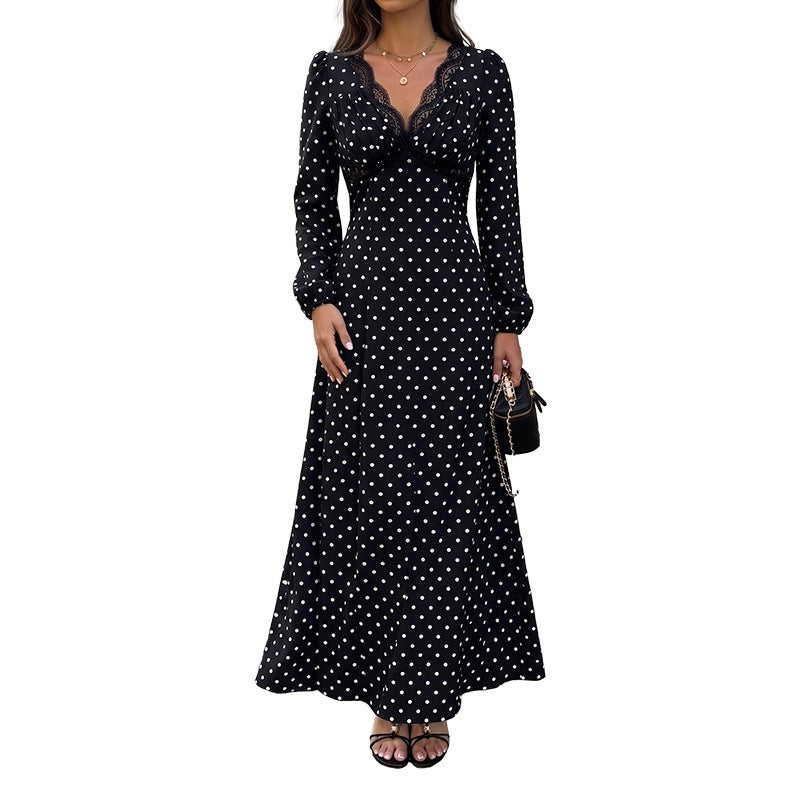 Women's Polka-Dot Maxi Dress with Lace V-Neck, Empire Waistline, and Long Flowing Skirt Chichicherry