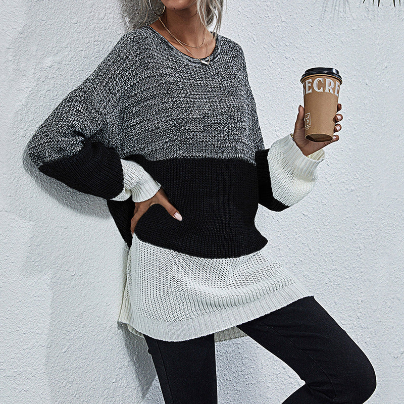 Women Oversize Knit Sweater with Colorblock Inserts, Round Neck and Tunic Silhouette Chichicherry