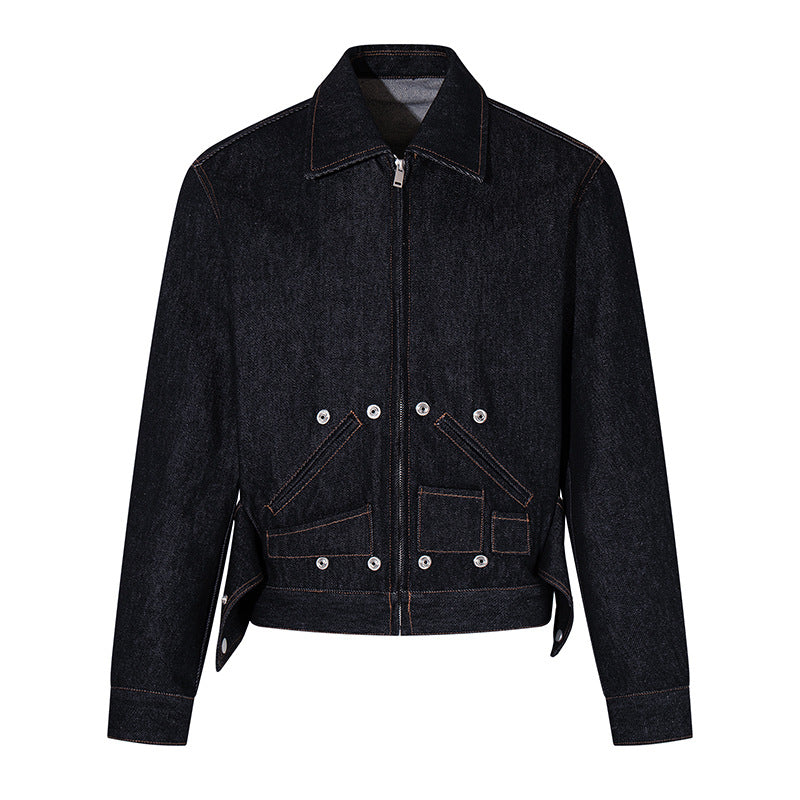 Women's Short Cut Denim Worker Jacket with Zip, Contrast Seams and Decorative Eyelets Chichicherry