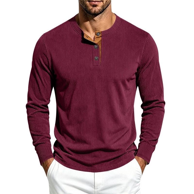 Men's Long Sleeve Ribbed Knit Henley Shirt with Button Placket and Round Neck Collar Chichicherry