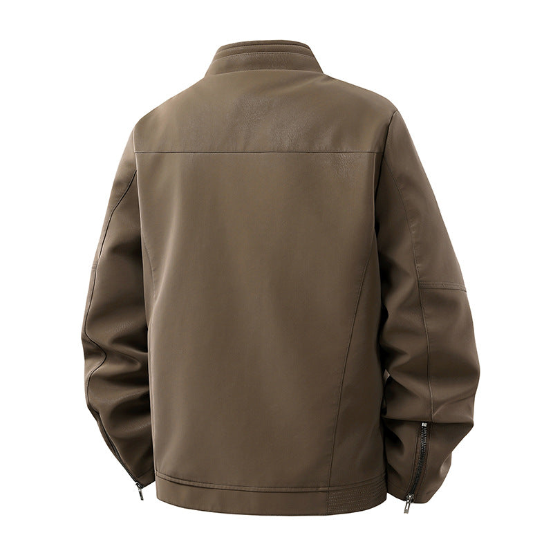 Men's Casual Leather-Look Blouson with Stand-Up Collar and Concealed Zipper Chichicherry