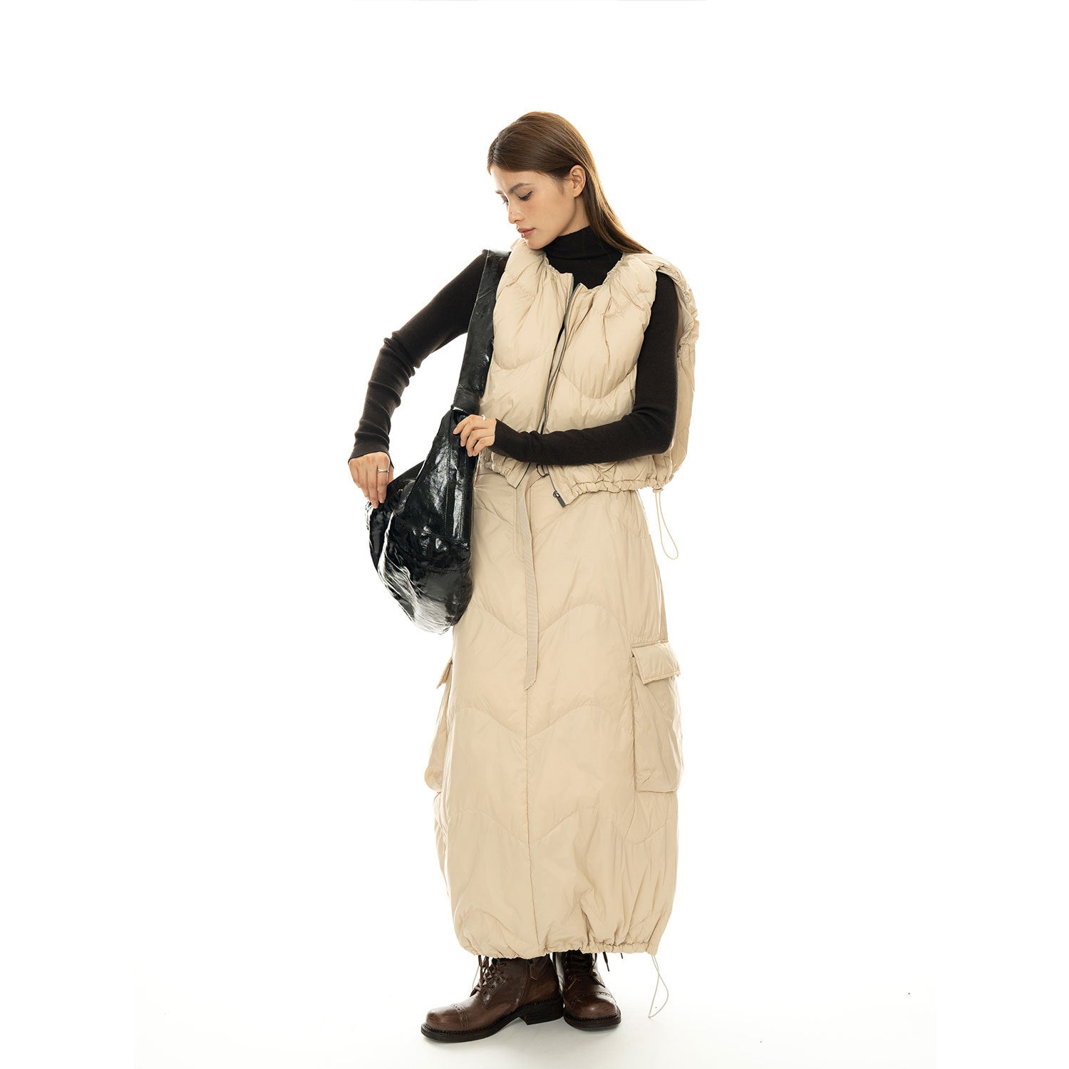 Women's Padded Quilted Midi Skirt with Cargo Pocket and Drawstring Chichicherry
