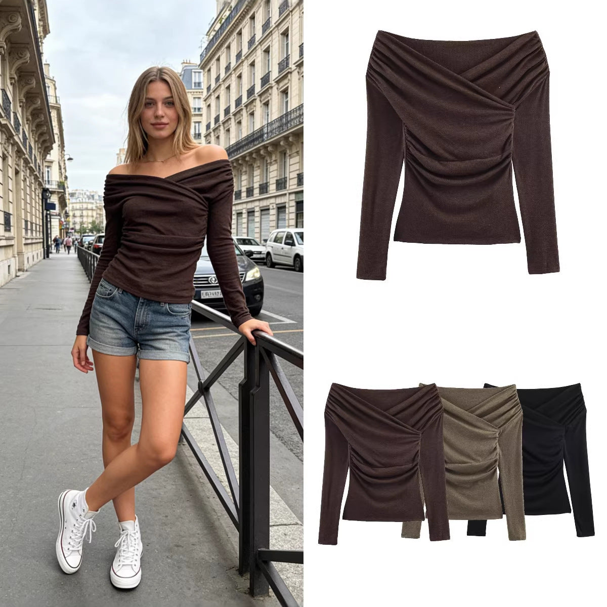 Women Off-Shoulder Gathered Long Sleeve Top with Wrap Draping Chichicherry