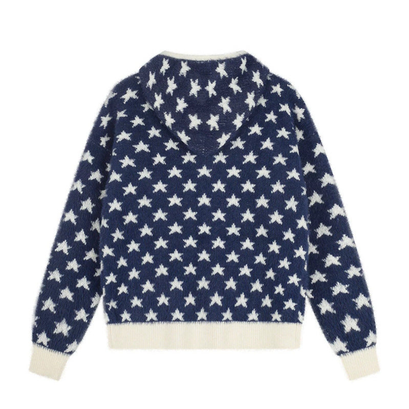 Women Fluffy Knit Zip Jacket with Allover Star Pattern, Kangaroo Pockets and Ribbed Cuffs Chichicherry