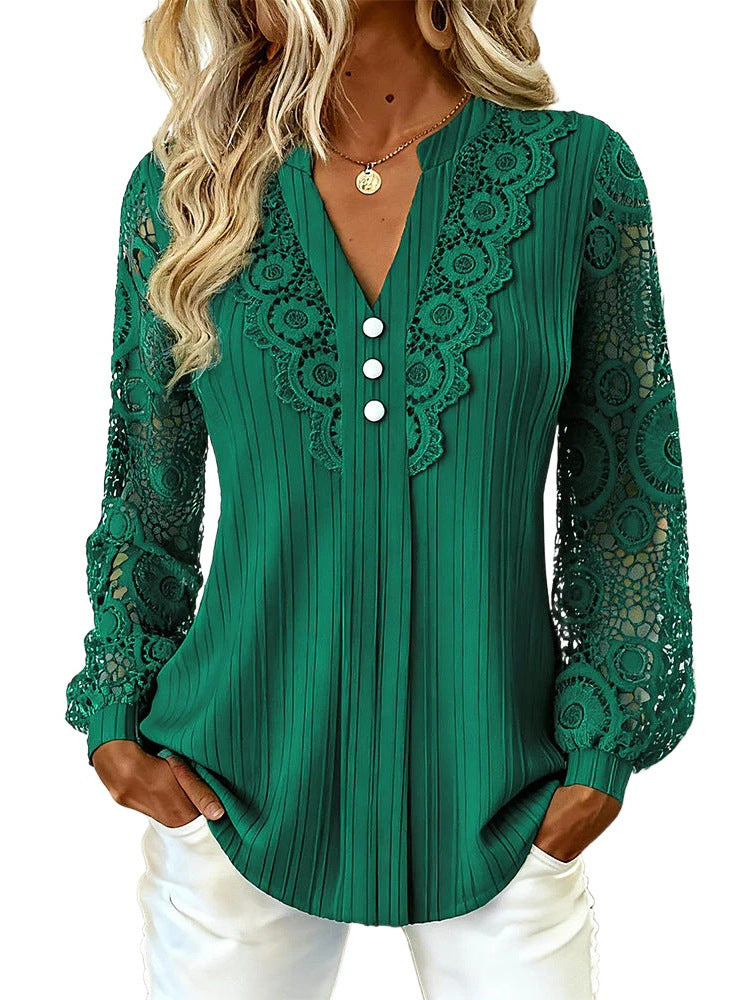Women's Elegant Pleated Blouse with Lace Sleeves and V-Neck Chichicherry