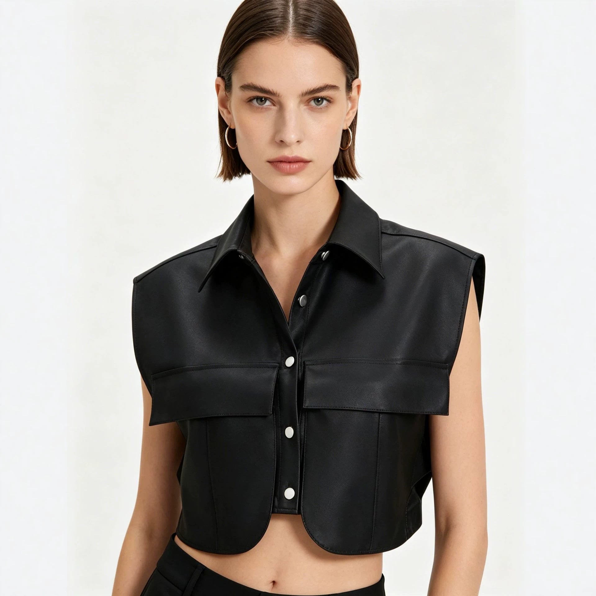 Women Short Sleeveless Faux Leather Vest with Oversized Shoulders Chichicherry