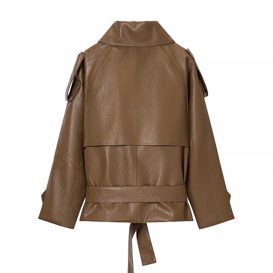 Women's Short Cut Faux Leather Trench Coat with Tie Belt and Shoulder Straps Chichicherry
