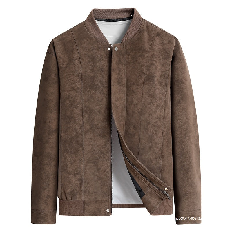 Men's Suede Optic Bomber Jacket with Vertical Quilt Seams and Ribbed Collar Chichicherry