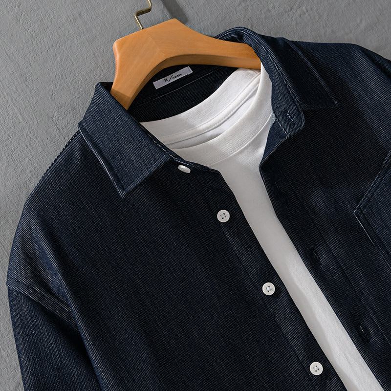 Men's denim overshirt in shirt jacket style with chest pocket and full button placket Chichicherry