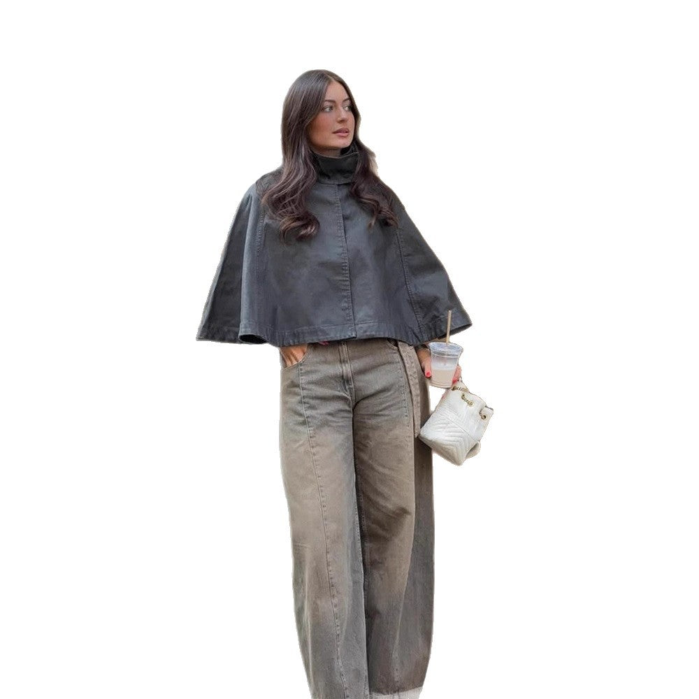 Women's Short Leather Cape Jacket with High Stand Collar and Boxy Cropped Silhouette Chichicherry