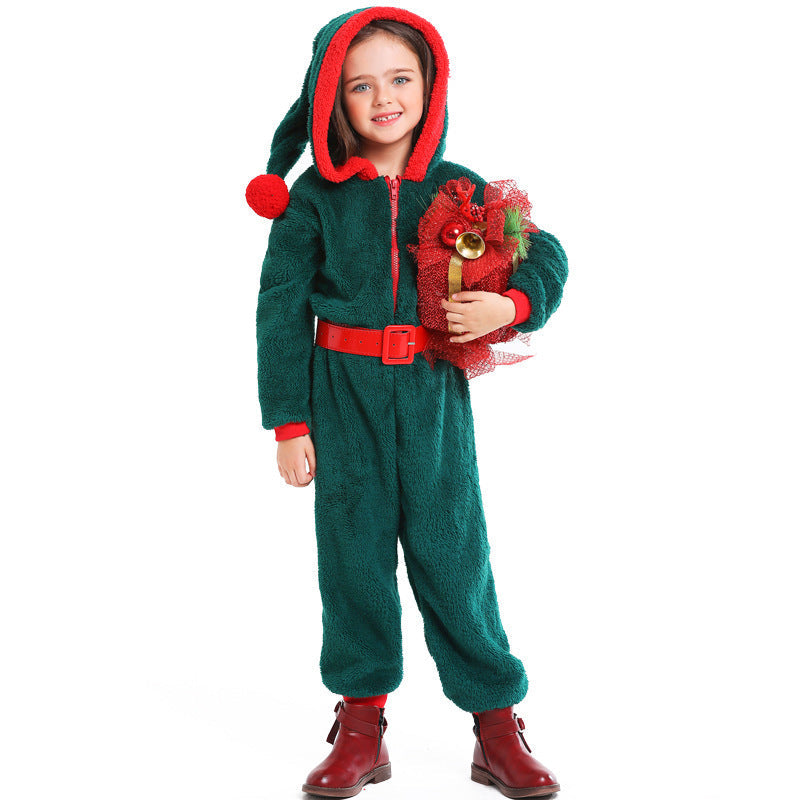 Girls cozy Christmas overall with hood and belt Chichicherry