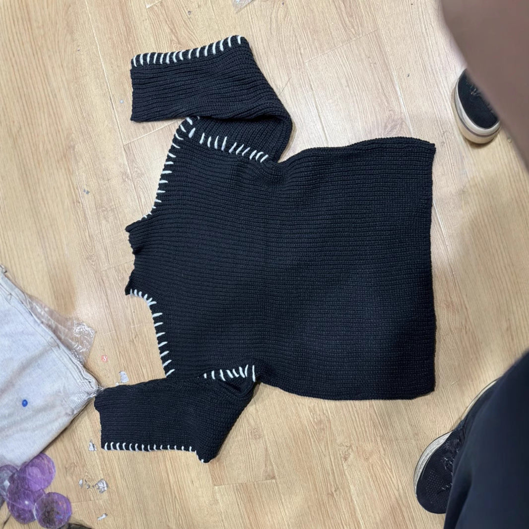 Women's Oversize Knit Sweater with Stand Collar, Balloon Sleeves and Decorative Stitch Chichicherry