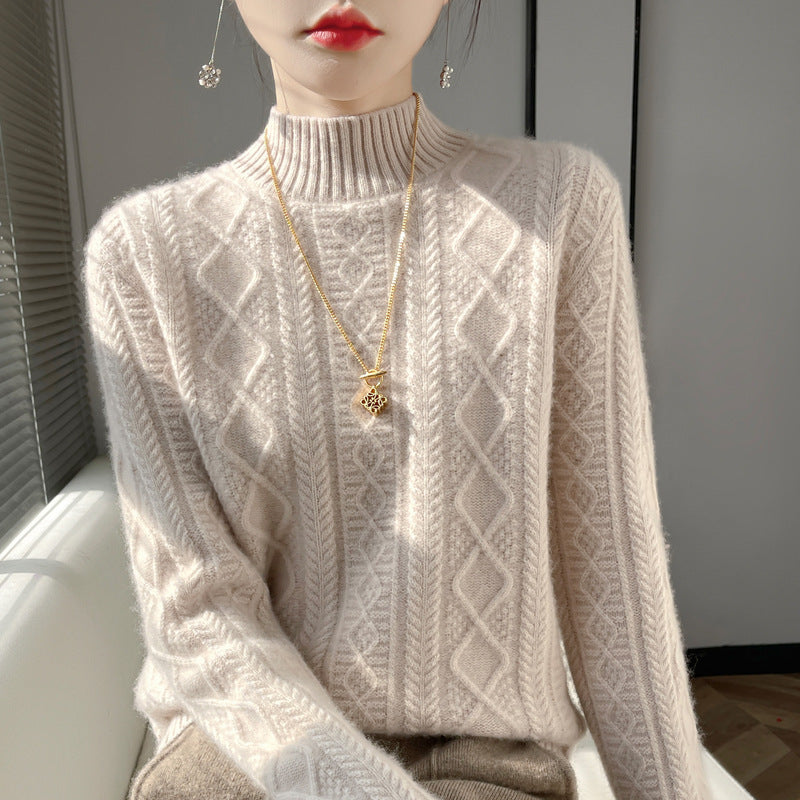 Women's cable-knit mock neck sweater with fine ajour detail and fluffy cashmere look Chichicherry