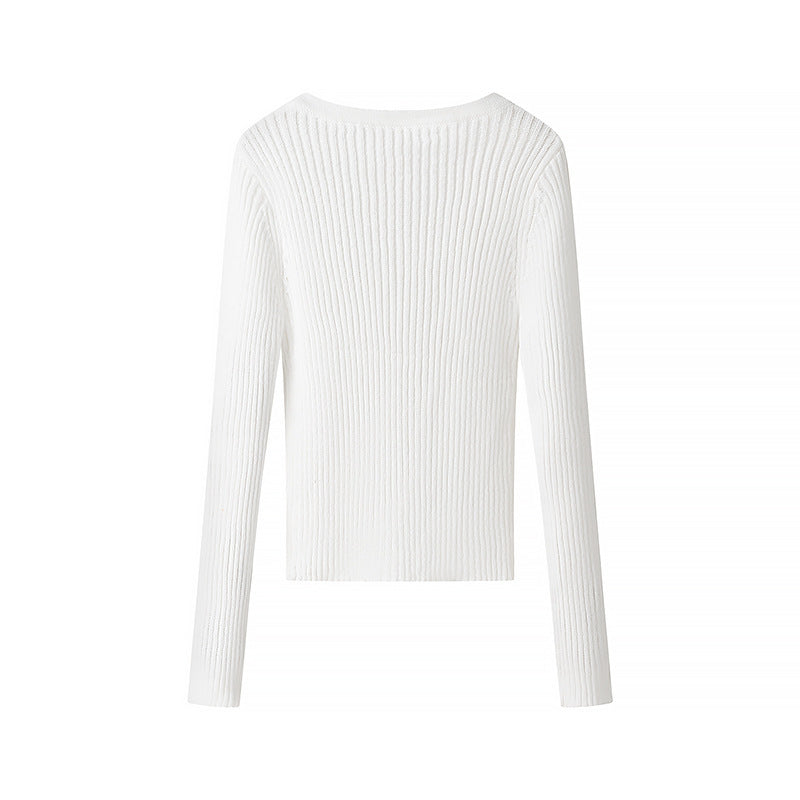 Women's Ribbed Long Sleeve Top with Deep V-Neck and Eyelet Trim Chichicherry