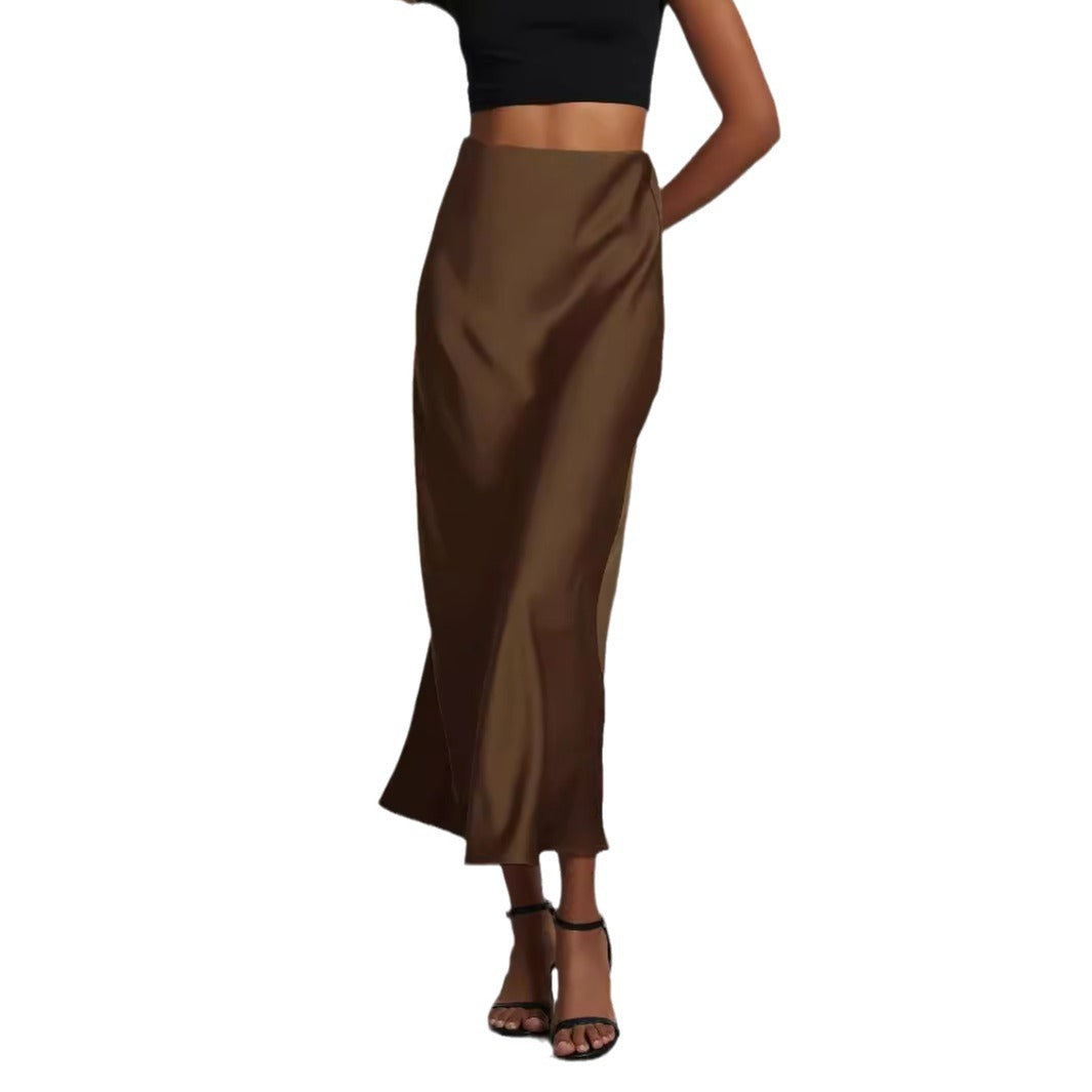 Ladies Satin Midi Skirt with High Waist and Asymmetrical Cut Chichicherry