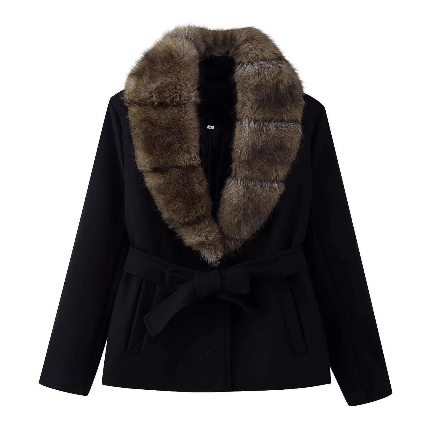Women's Short Wool Blend Coat with Removable Faux Fur Shawl Collar and Waist Belt Chichicherry