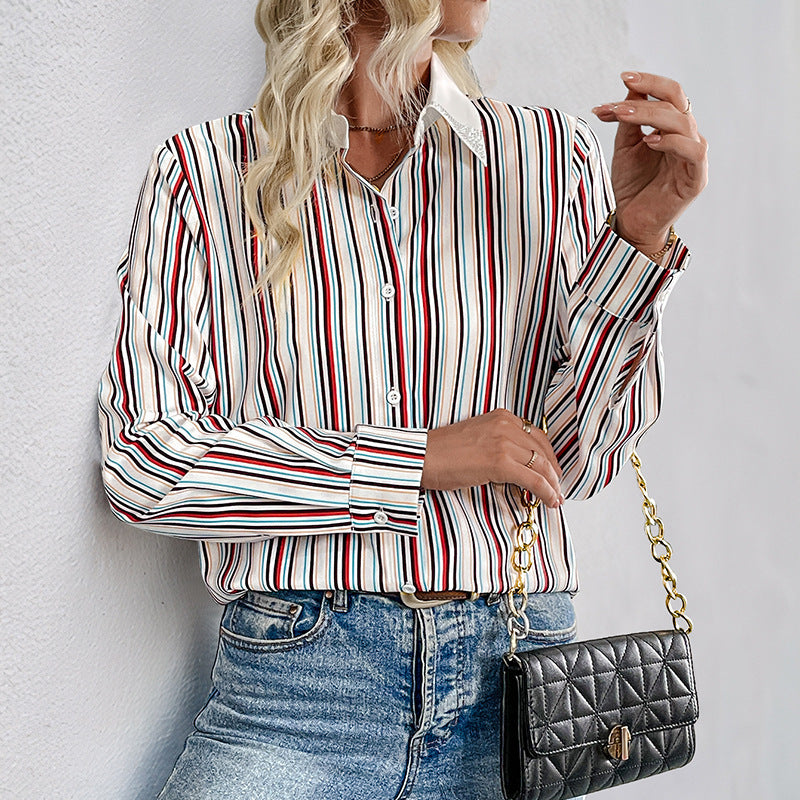 Women Striped Shirt Blouse with Decorative Collar and Long Sleeve Cuffs Chichicherry