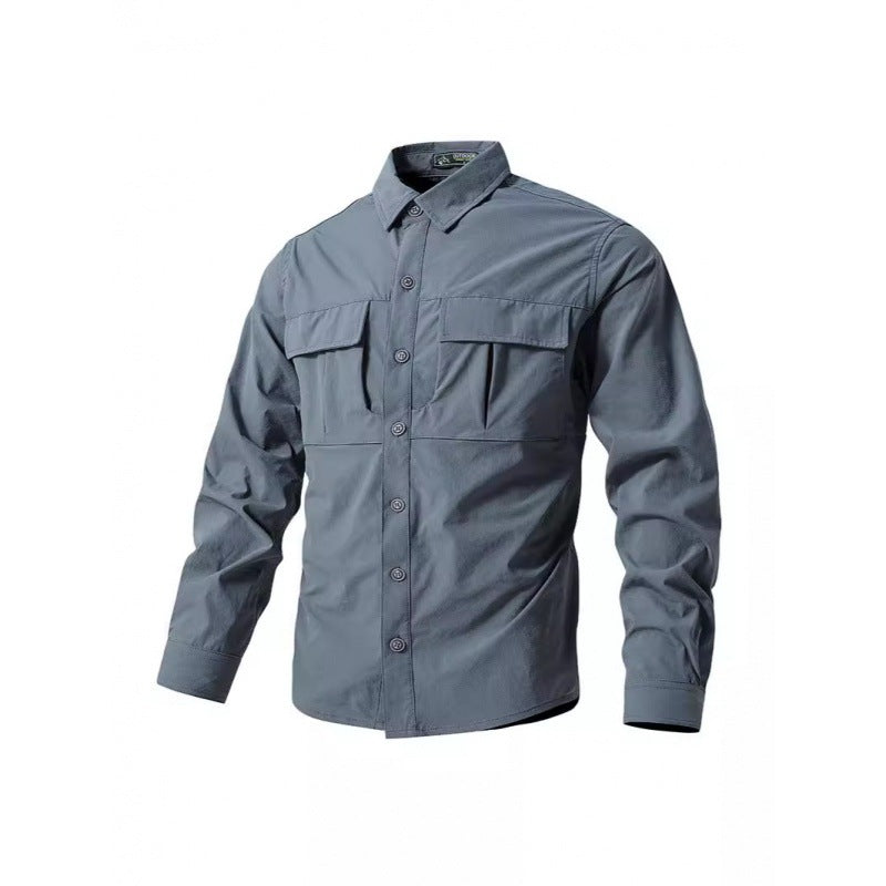 Men's Light Shirt Jacket in Utility Style with Patch Chest Pockets and Button Placket Chichicherry
