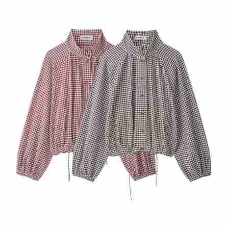 Women’s check blouse with stand-up collar, button closure and drawstring hem Chichicherry