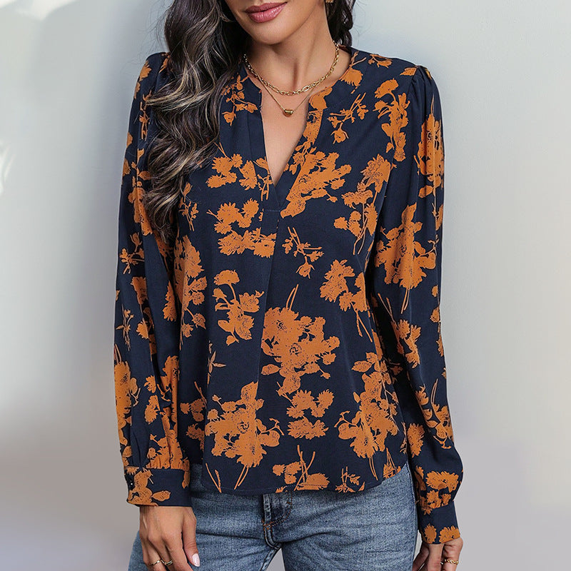 Ladies Casual Viscose Blouse with V-Neck, Floral Print and Balloon Sleeves Chichicherry