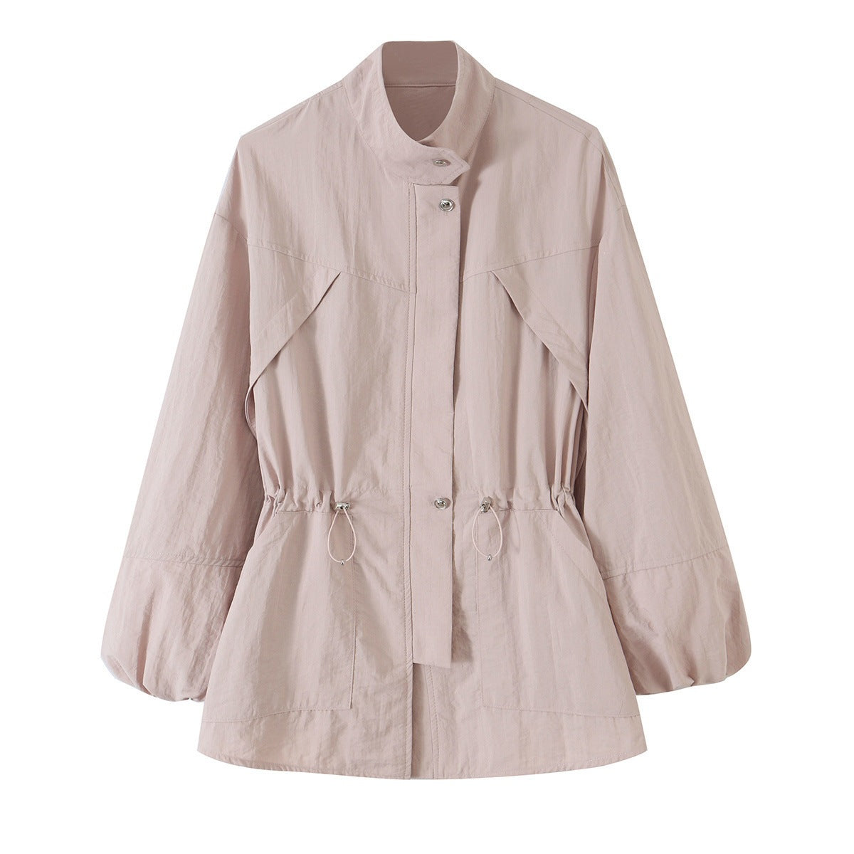 Women's Tailored Windbreaker with Drawstring, Stand Collar and Balloon Sleeves Chichicherry