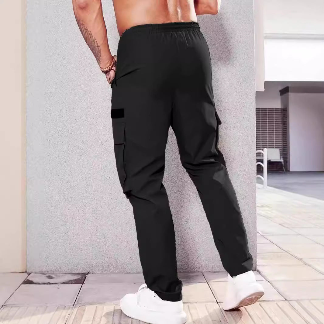 Men's Slim-Tapered Utility Cargo Pants with Elastic Waistband, Drawstring & Multiple Flap Pockets Chichicherry