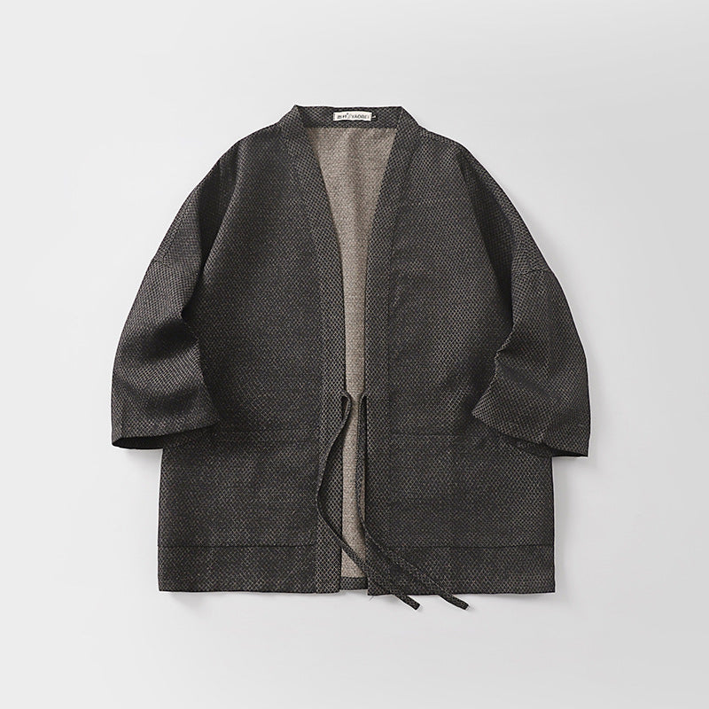 Men's Loose Kimono Cardigan made of textured cotton blend with short sleeves and tie Chichicherry