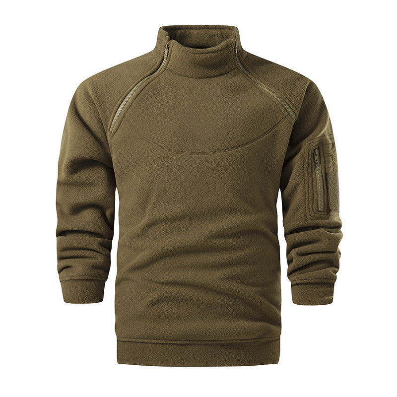 Men's Tactical Microfleece Sweater with High Stand-Up Collar, Sleeve Zip Pocket and Raglan Sleeves Chichicherry