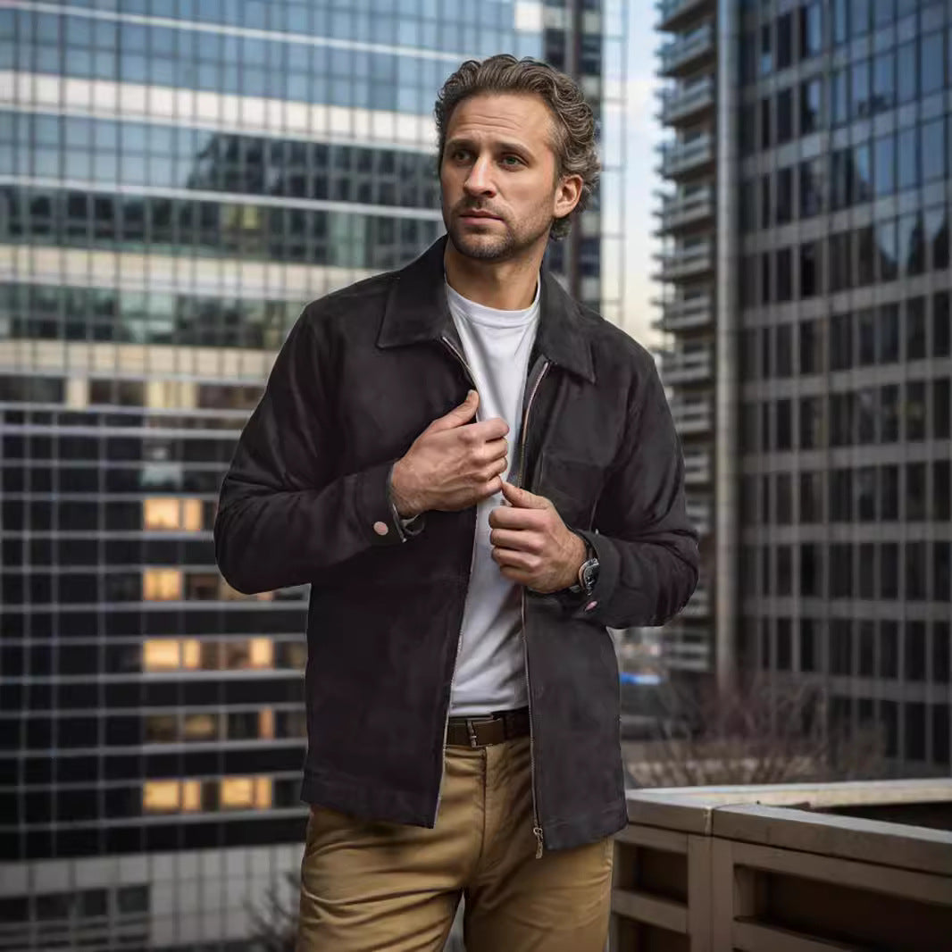 Men's suede leather jacket with stand-up collar and chest pocket Chichicherry