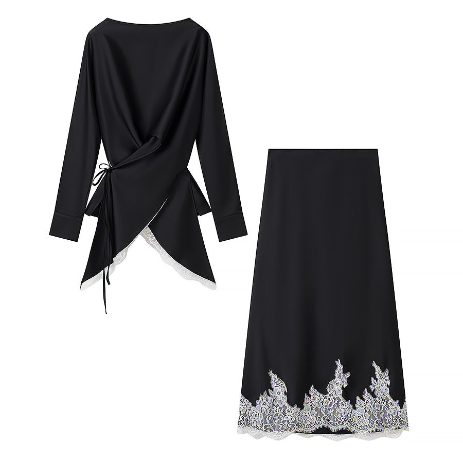 Women Two-Piece Silky Shimmering Wrap Blouse and Midi Skirt Set with Lace Edge Chichicherry