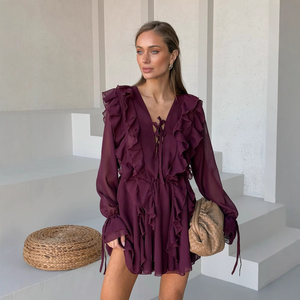 Damen Romantisches Chiffon-Minikleid mit Volants und Schnürdetail Chichicherry