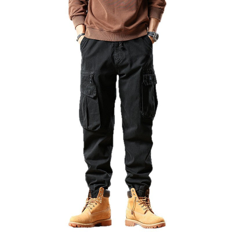 Men's Robust Cotton Cargo Pants with Elastic Hem and Multiple Pockets Chichicherry