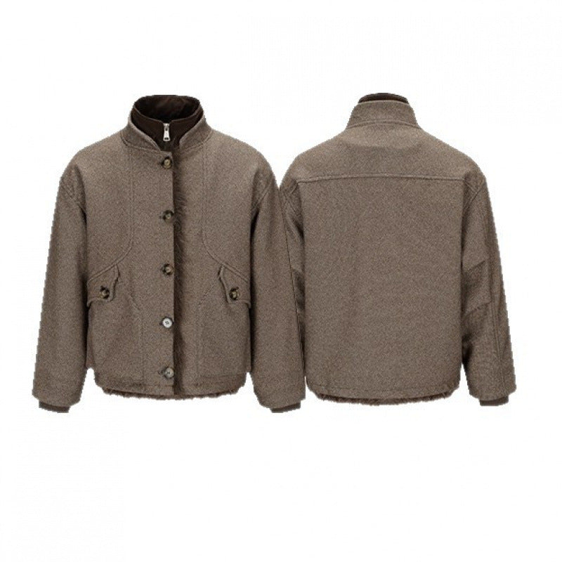 Women's Short Boxy Jacket with Teddy Lining, Stand Collar and Flap Pockets Chichicherry