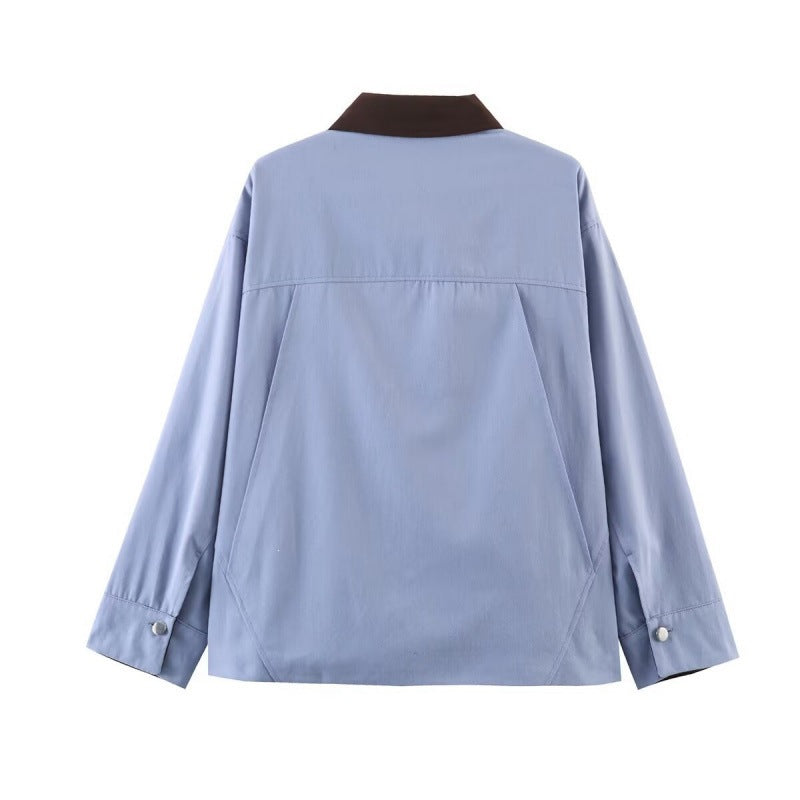 Women's Overshirt Jacket with Contrast Collar and Four Patch Pockets Chichicherry