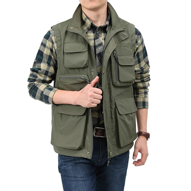 Men's Multi-Pocket Utility Vest with High Stand Collar and Practical Zipper Closure